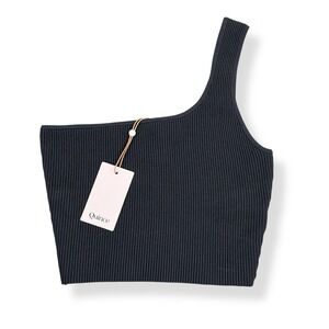 Quince Cropped One Shoulder Ribbed Knit Top Gray Medium NWT